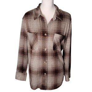 B-Wear Brown & White Plaid Button Down Flannel Shirt - Size M